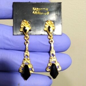 Women's Stylish Gold-tone Filigree Black Color Stone Drop Dangle Earrings, 1.75"